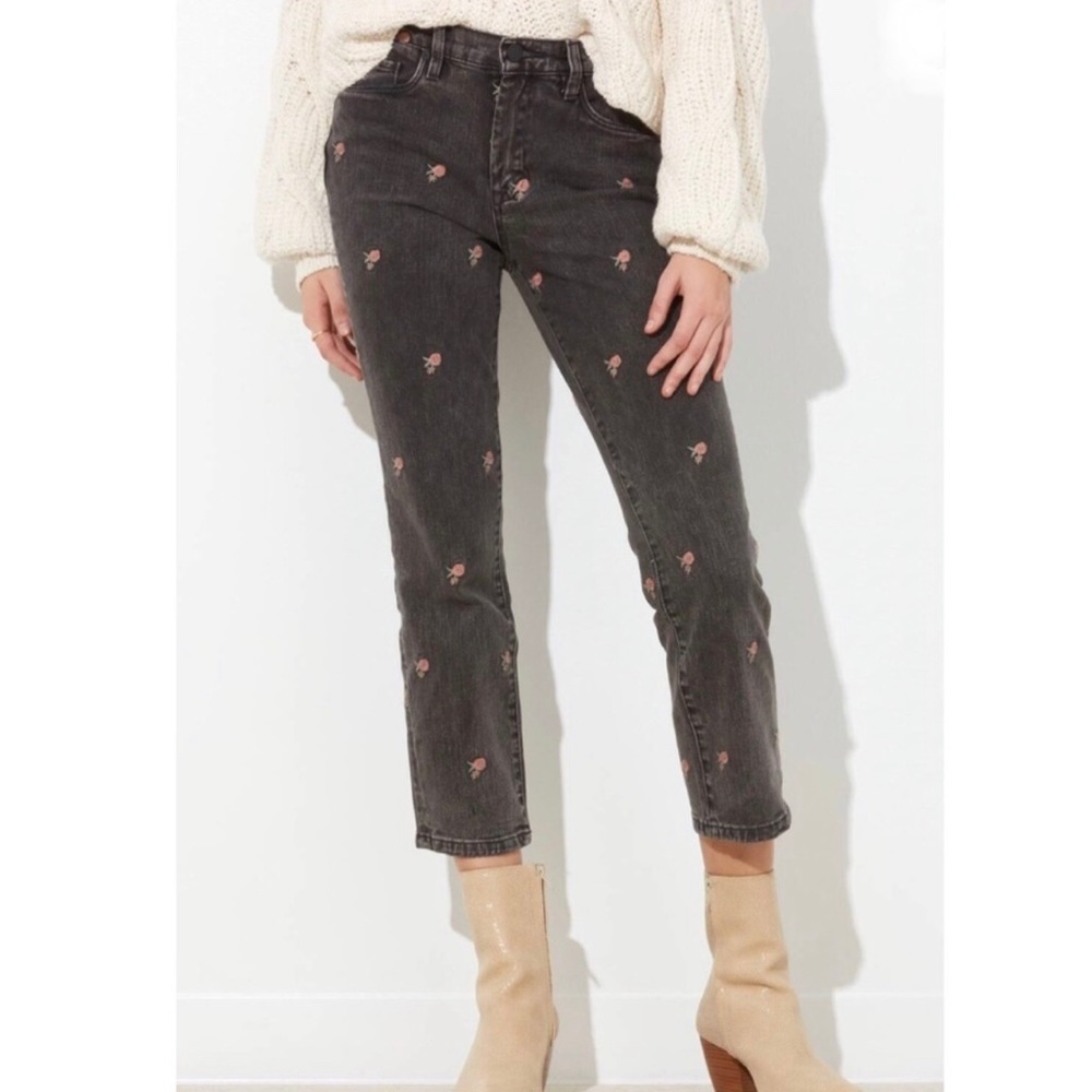 Blank NYC Madison High-Rise Crop Grey Wash Embroidered Pink Roses Jeans Sz 25x28